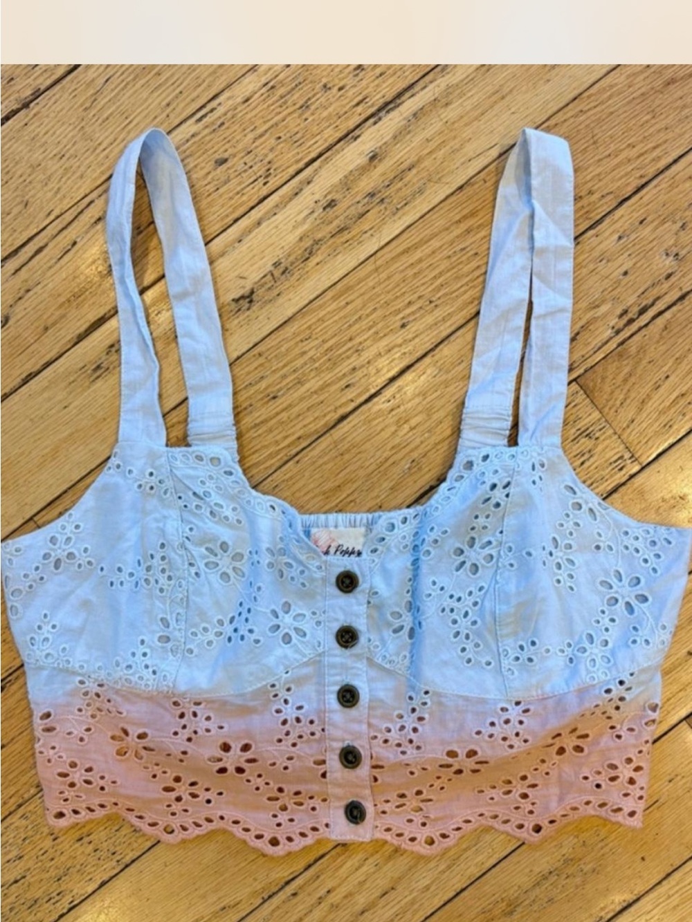 Black Poppy Light Blue and Pink Eyelet Button-Front Crop Top